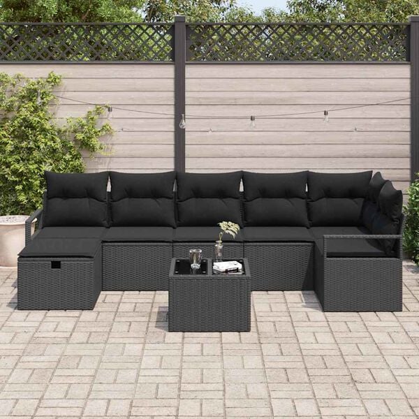 vidaXL Sofa Set mit Kissen mit Speicher 8 pcs Schwarz Poly-Rattan
