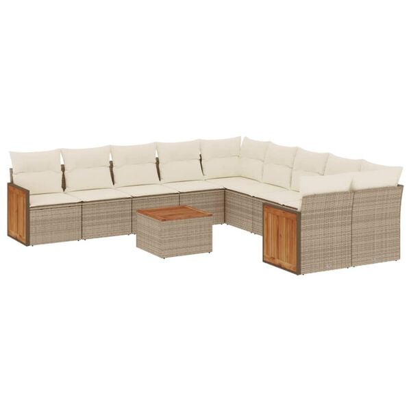 vidaXL 11-tlg. Garten-Sofagarnitur mit Kissen Beige Poly Rattan