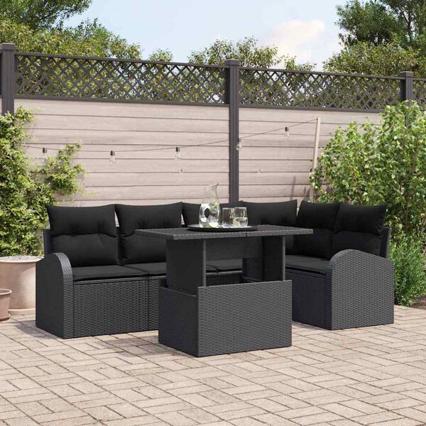 vidaXL Garten-Sofa-Set mit Kissen 6 pcs Schwarz Poly-Rattan
