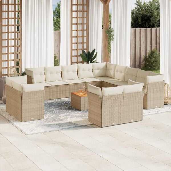 vidaXL 14-tlg. Garten-Sofagarnitur mit Kissen Beige Poly Rattan