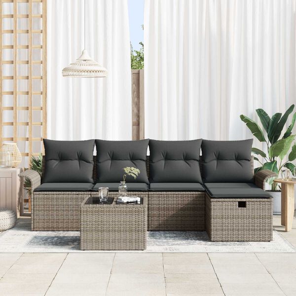 vidaXL Garten-Sofa-Set mit Kissen mit Speicher 6 pcs Grau Poly Rattan