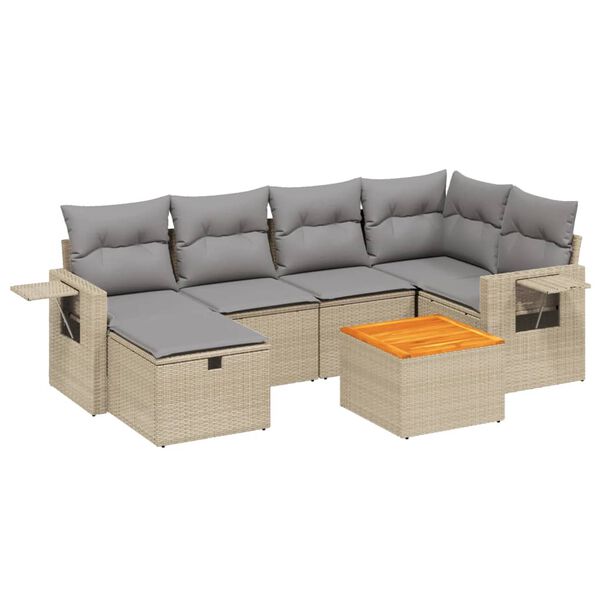 vidaXL 7-tlg. Garten-Sofagarnitur mit Kissen Beige Poly Rattan