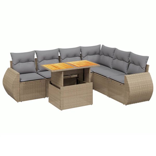 vidaXL 7-tlg. Garten-Sofagarnitur mit Kissen Beige Poly Rattan