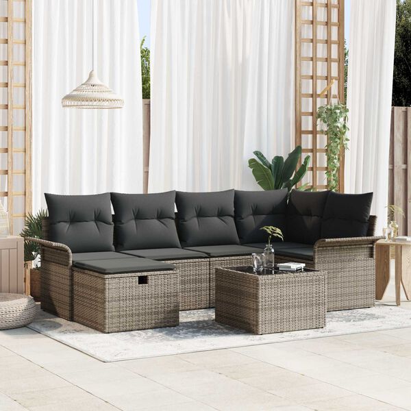vidaXL Gartensofa-set mit Kissen mit Speicher 7 pcs Grau Poly-Rattan