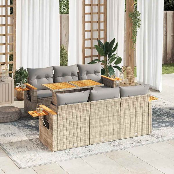 vidaXL 7-tlg. Garten-Sofagarnitur mit Kissen Beige Poly Rattan Akazie