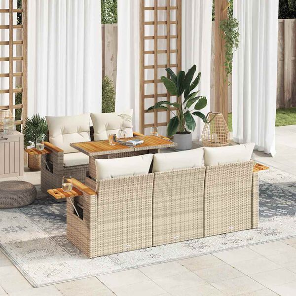 vidaXL 6-tlg. Garten-Sofagarnitur mit Kissen Beige Poly Rattan Akazie
