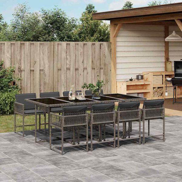 vidaXL 9-tlg. Garten-Essgruppe mit Kissen Grau Poly Rattan