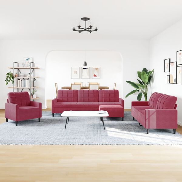 vidaXL 4-tlg. Sofagarnitur mit Kissen Weinrot Samt