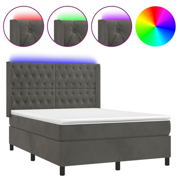 vidaXL Boxspringbett mit Matratze & LED Dunkelgrau 140x190 cm Samt