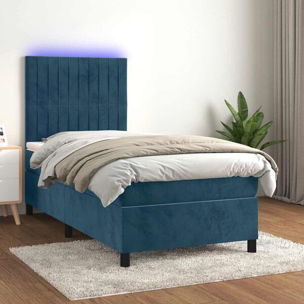 vidaXL Boxspringbett mit Matratze & LED Dunkelblau 100x200 cm Samt
