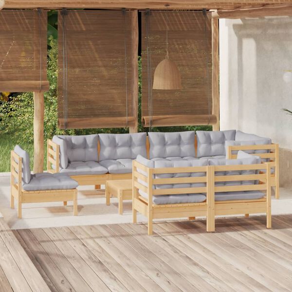 vidaXL 9-tlg. Garten-Lounge-Set mit Grauen Kissen Kiefer Massivholz