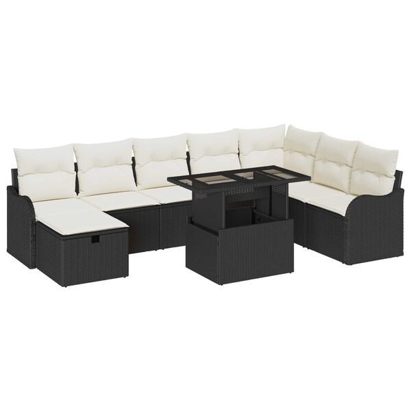vidaXL Garten-Sofa-Set mit Kissen 9 pcs Schwarz Poly Rattan