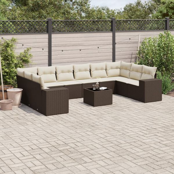 vidaXL 11-tlg. Garten-Sofagarnitur mit Kissen Braun Poly Rattan