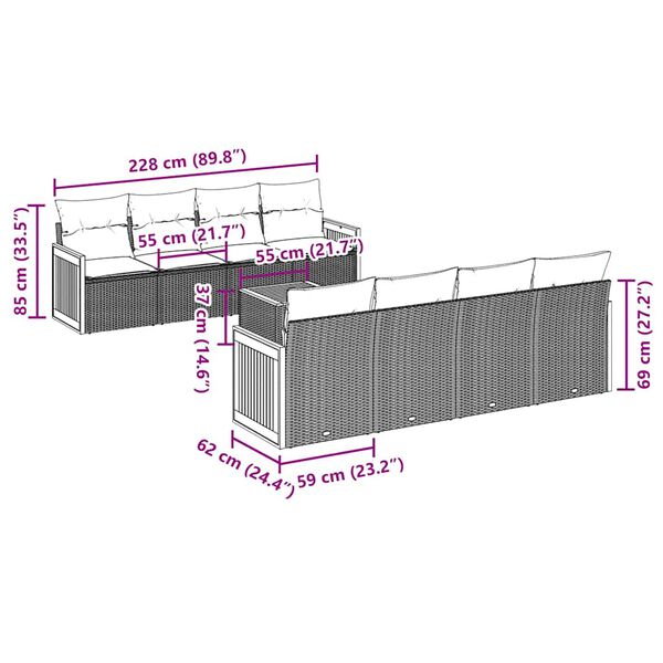 vidaXL 9-tlg. Garten-Sofagarnitur mit Kissen Schwarz Poly Rattan
