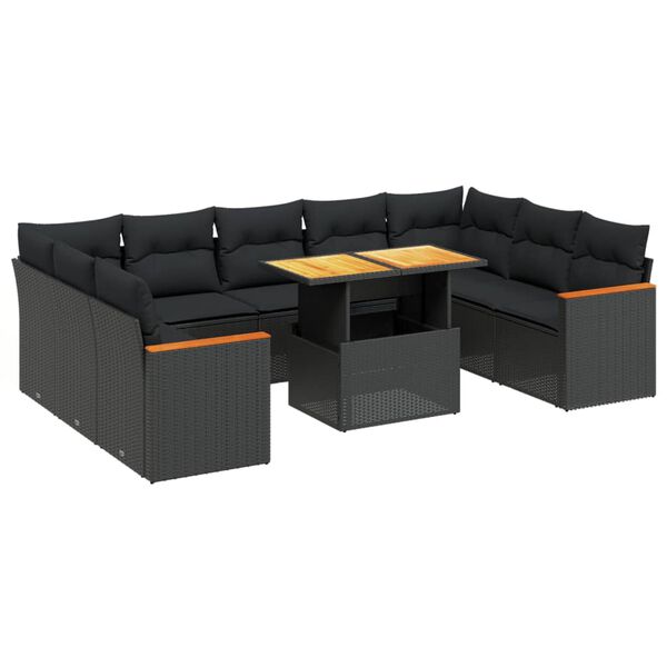 vidaXL 10-tlg. Garten-Sofagarnitur mit Kissen Schwarz Poly Rattan