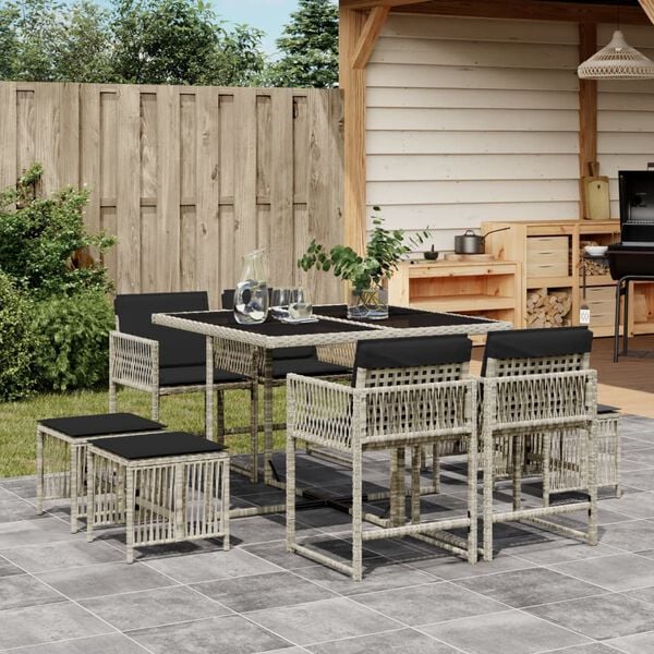 vidaXL 9-tlg. Garten-Essgruppe mit Kissen Hellgrau Poly Rattan