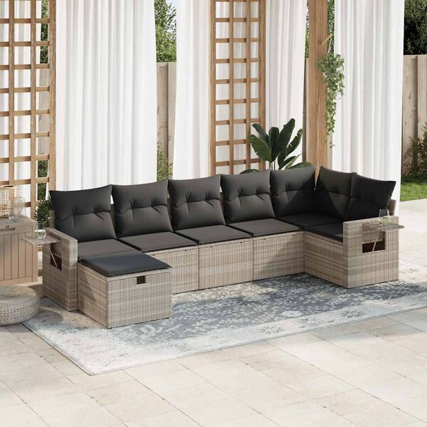 vidaXL 7-tlg. Garten-Sofagarnitur mit Kissen Hellgrau Poly Rattan