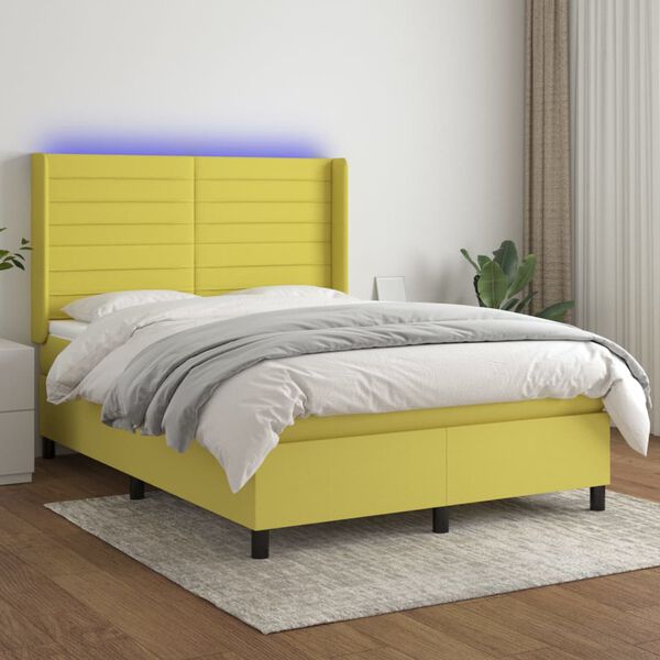 vidaXL Boxspringbett mit Matratze & LED Gr&uuml;n 140x200 cm Stoff