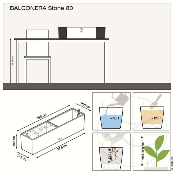 LECHUZA Blumenkasten BALCONERA Stone 80 ALL-IN-ONE Schwarz