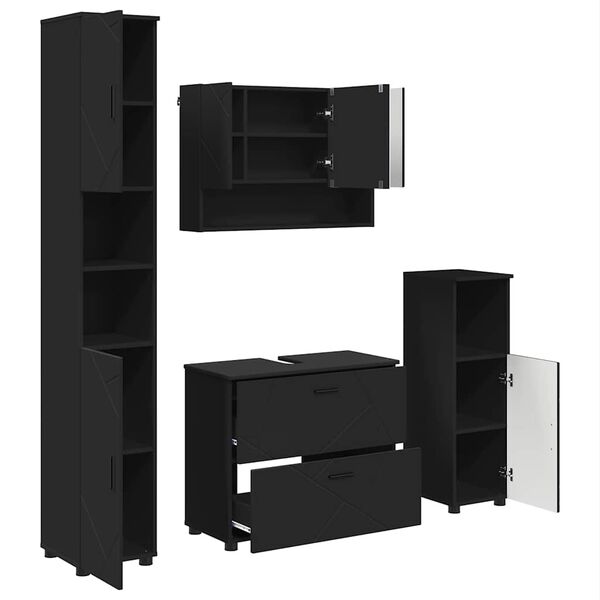vidaXL Badezimmerm&ouml;bel-Set mit T&uuml;r 4 pcs Schwarz Sperrholz und Metall