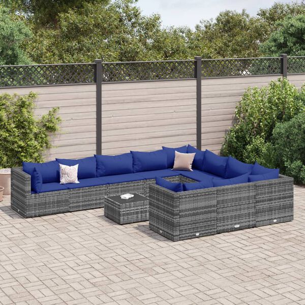 vidaXL 11-tlg. Garten-Sofagarnitur mit Kissen Grau Poly Rattan