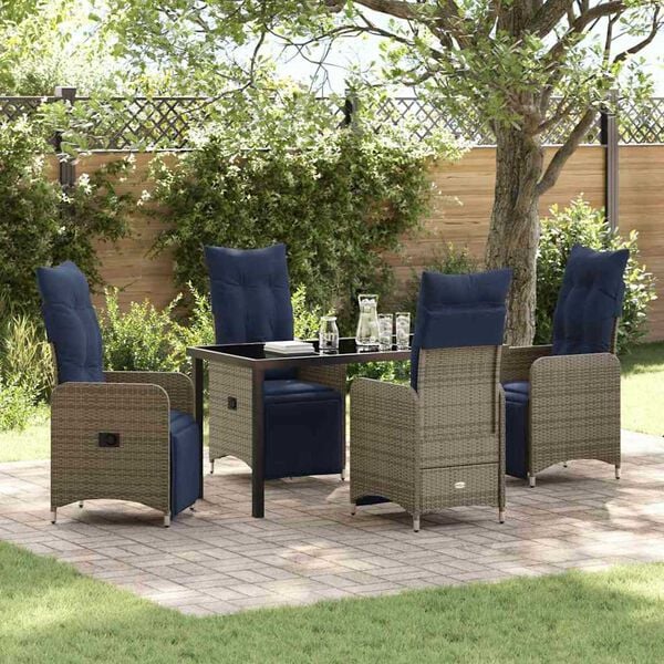 vidaXL Tisch- und Stuhlset mit Kissen 5 pcs Grau PE-Rattan