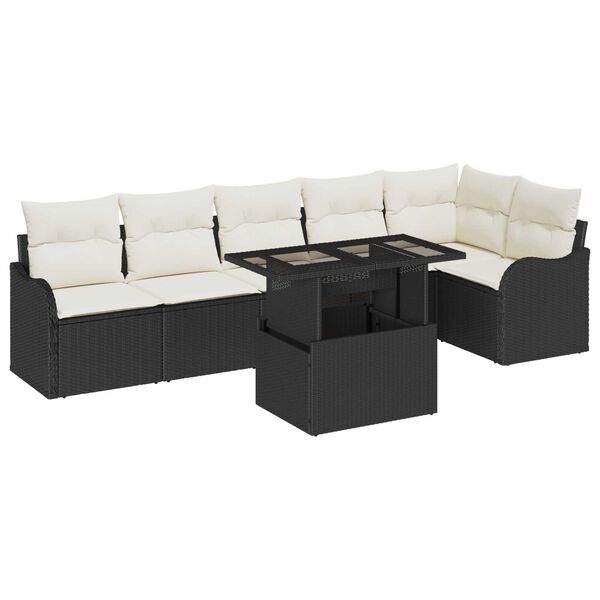 vidaXL Garten-Sofa-Set mit Kissen mit Kissen 7 pcs Schwarz Poly Rattan