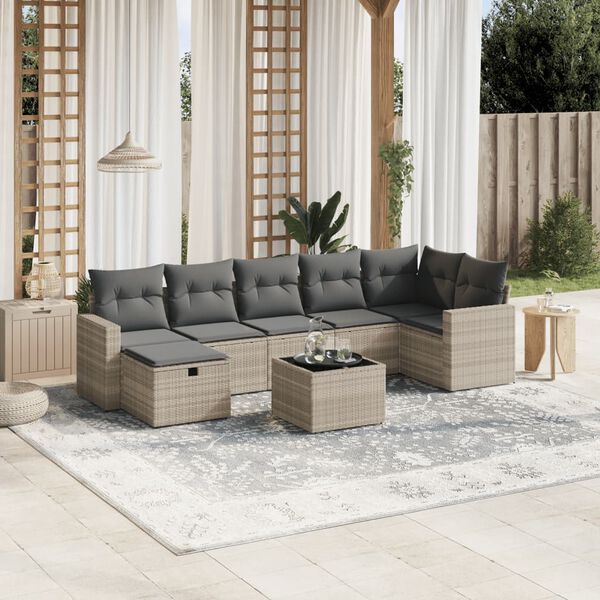 vidaXL 8-tlg. Garten-Sofagarnitur mit Kissen Hellgrau Poly Rattan
