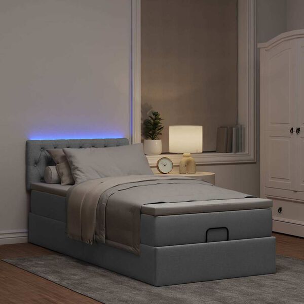 vidaXL Ottoman-Bett mit Matratze & LEDs Hellgrau 100x200 cm Stoff
