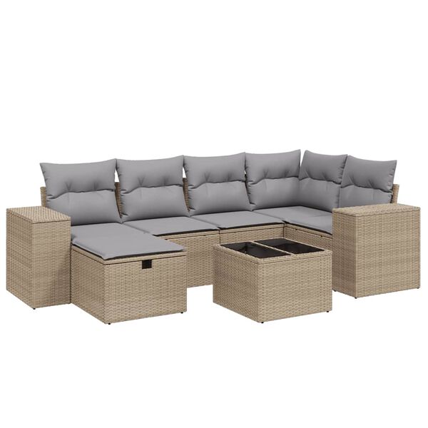 vidaXL 7-tlg. Garten-Sofagarnitur mit Kissen Beige Poly Rattan