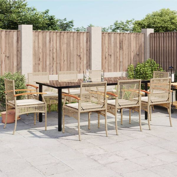 vidaXL 9-tlg. Garten-Essgruppe mit Kissen Beige Poly Rattan