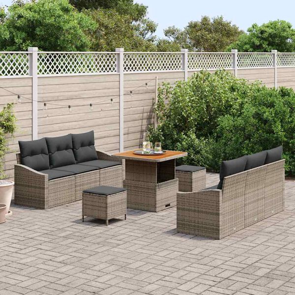 vidaXL Garten-Sofa-Set mit Kissen 9 pcs Grau Poly Rattan