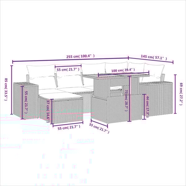 vidaXL 7-tlg. Garten-Sofagarnitur mit Kissen Schwarz Poly Rattan