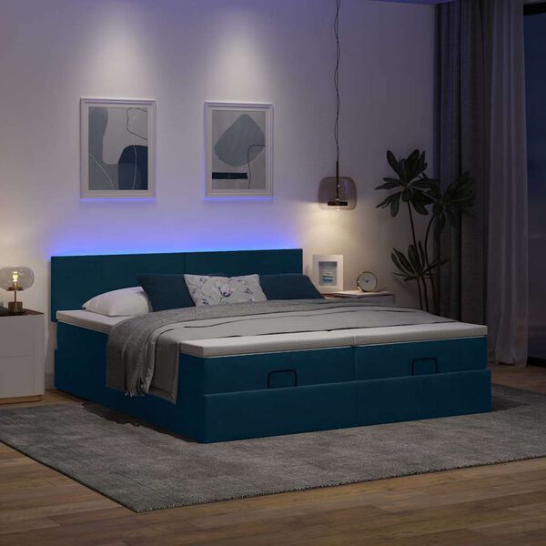 vidaXL Ottoman-Bett mit Matratzen & LEDs Dunkelblau 160x200 cm Samt