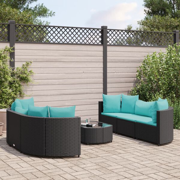 vidaXL 7-tlg. Garten-Sofagarnitur mit Kissen Schwarz Poly Rattan