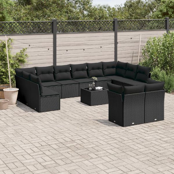 vidaXL 13-tlg. Garten-Sofagarnitur mit Kissen Schwarz Poly Rattan