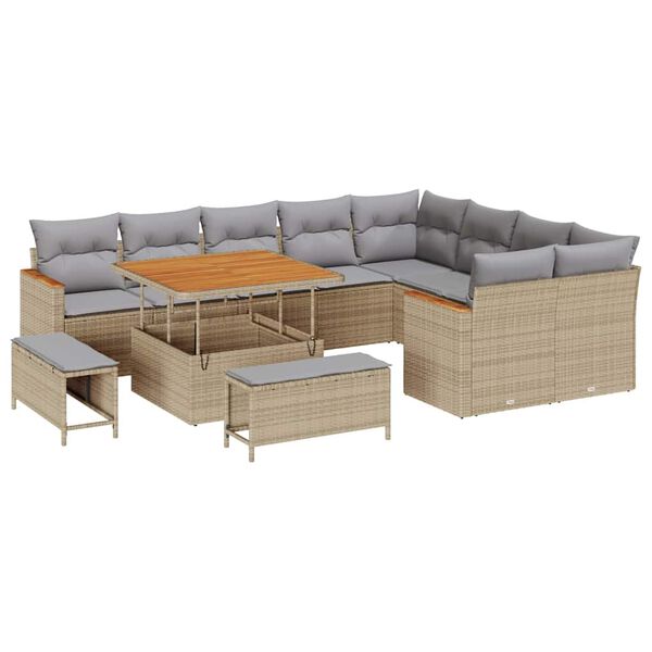 vidaXL Gartensofa-set mit Kissen mit Speicher 12 pcs Beige Poly Rattan