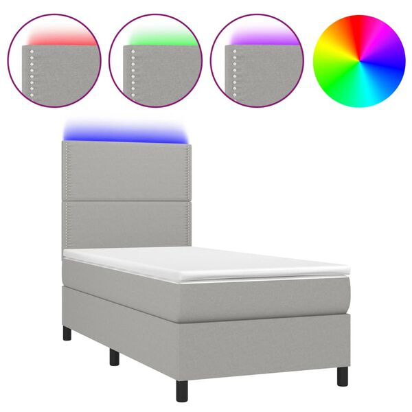 vidaXL Boxspringbett mit Matratze & LED Hellgrau 90x190 cm Stoff