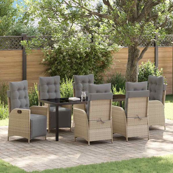 vidaXL Garten Essgruppe mit Kissen 7 pcs Beige Poly-Rattan