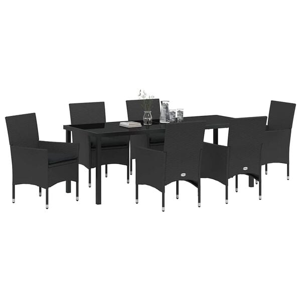 vidaXL Garten Essgruppe mit Kissen 7 pcs Schwarz Poly-Rattan