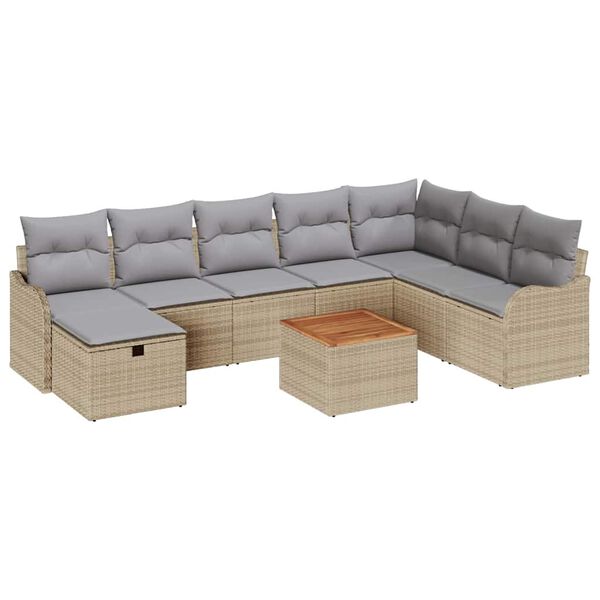vidaXL Gartensofa-set mit Kissen mit Speicher 9 pcs Beige Poly-Rattan