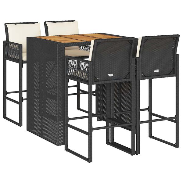 vidaXL 5-tlg. Gartenbar-Set mit Kissen Schwarz Poly Rattan Akazie
