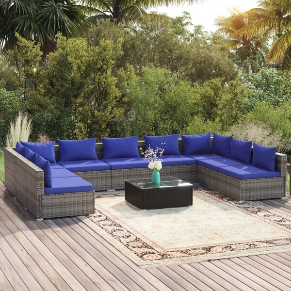 vidaXL 10-tlg. Garten-Lounge-Set mit Kissen Poly Rattan Grau