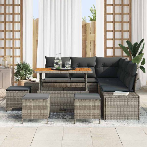 vidaXL Gartensofa-set mit Kissen mit Speicher 9 pcs Grau Poly Rattan