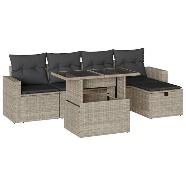 vidaXL 6-tlg. Garten-Sofagarnitur mit Kissen Hellgrau Poly Rattan
