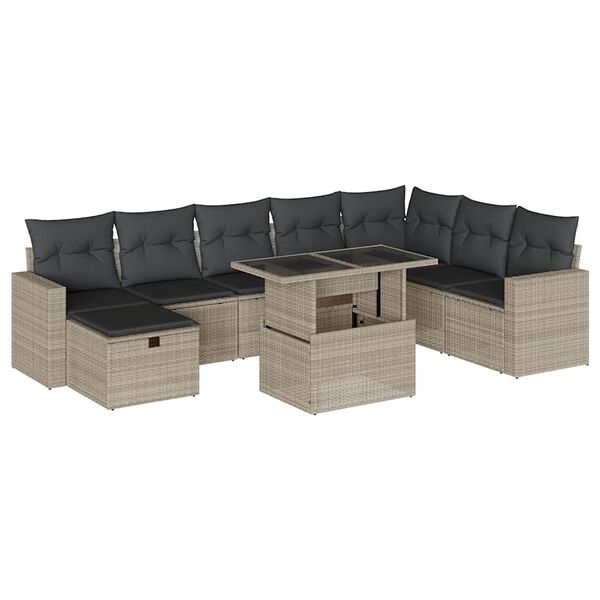 vidaXL 9-tlg. Garten-Sofagarnitur mit Kissen Hellgrau Poly Rattan