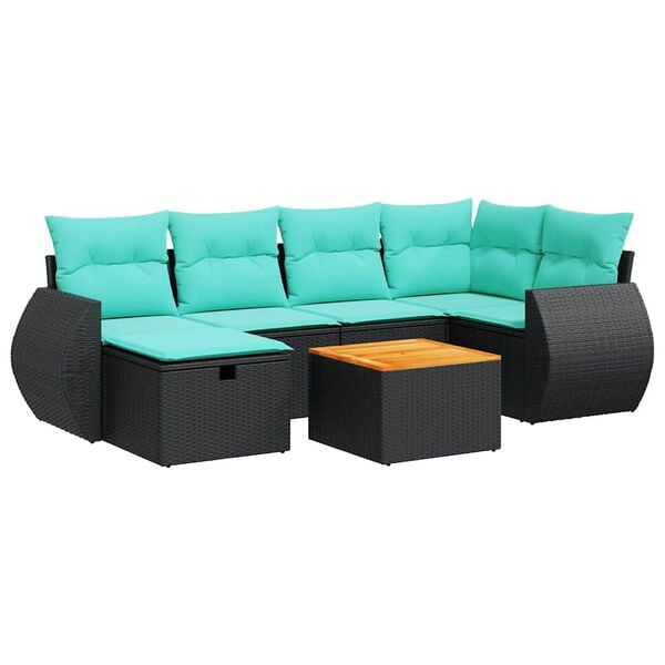 vidaXL 7-tlg. Garten-Sofagarnitur mit Kissen Schwarz Poly Rattan