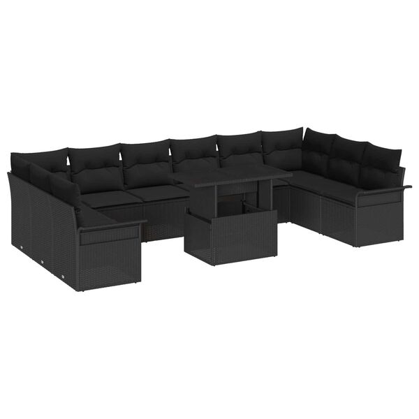vidaXL Garten-Sofa-Set mit Kissen 11 pcs Schwarz Poly Rattan