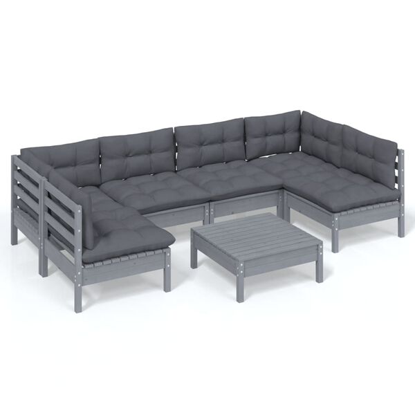 vidaXL 7-tlg. Garten-Lounge-Set mit Kissen Grau Kiefer Massivholz