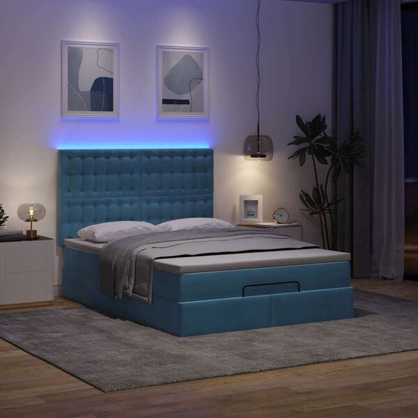 vidaXL Ottoman-Bett mit Matratzen & LEDs Dunkelblau 140x190 cm Samt